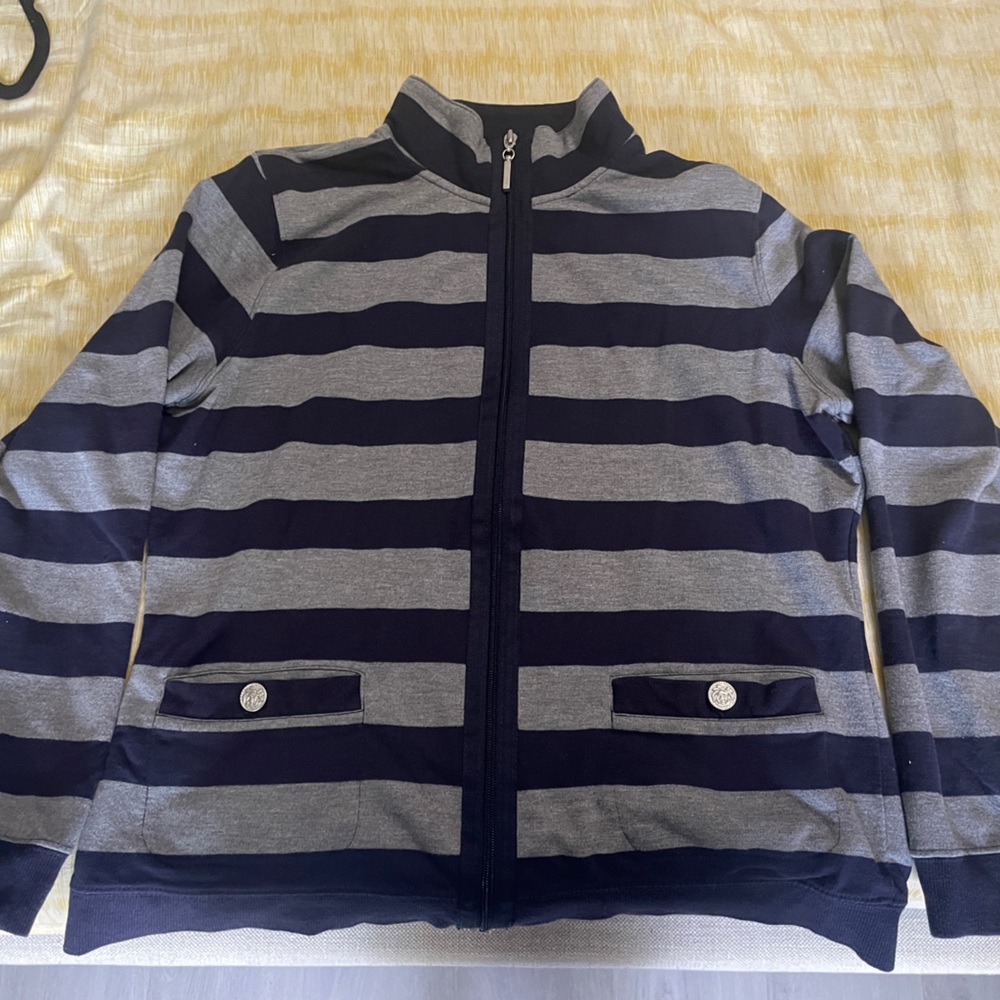 collared blue and gray zip up jacket